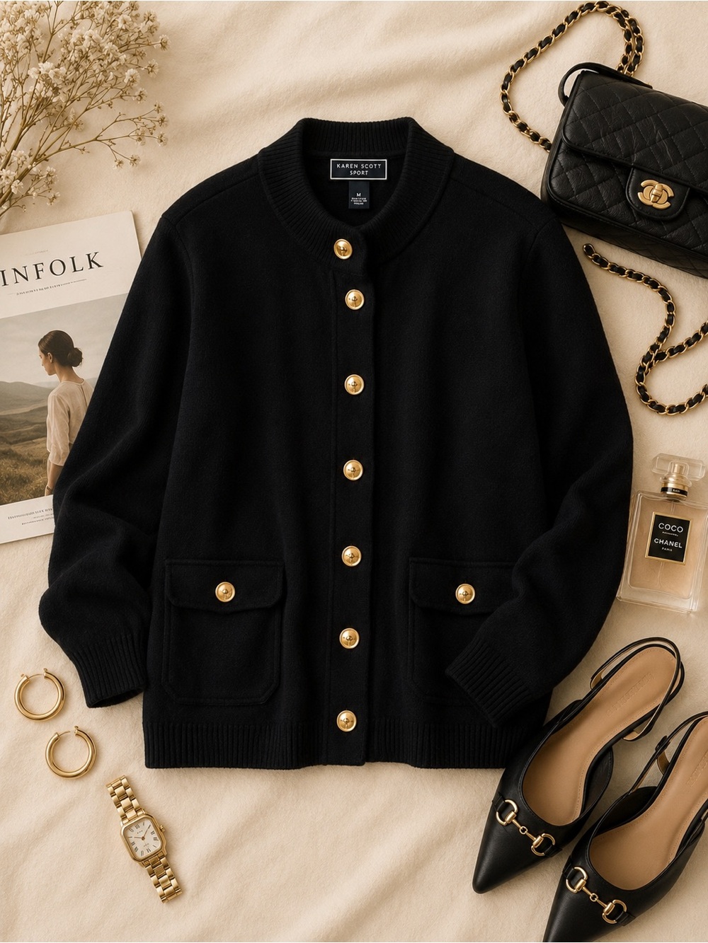 Karen Scott Plus Size Black Gold Button Cardigan Sweater |Quiet Luxury Chic Knit